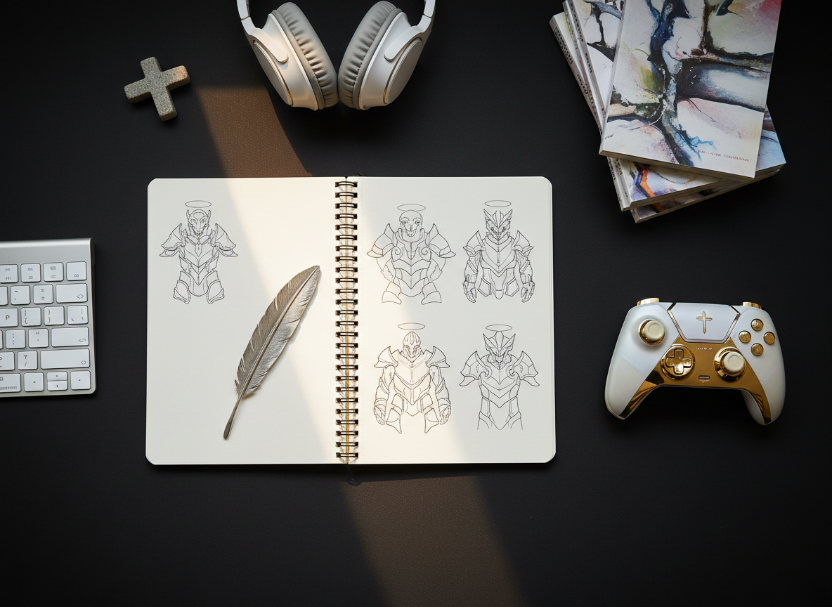 A meticulously arranged flat lay of a Christian anime and gaming lifestyle workspace on a matte black desk surface, featuring an open sketchbook filled with clean, line-art style, non-human anime armor concepts with faint halo motifs, a slim wireless keyboard, and a sleek controller with pearlescent white and gold accents. A small, sculpted metal feather bookmark lies across the sketchbook, catching a beam of soft morning light. Around the edges, there are neatly stacked manga-style volumes with abstract cover art, a minimalist stone cross paperweight, and a pair of over-ear headphones with subtle wing-like design details. Captured from a perfect top-down cinematic angle with crisp focus and gentle vignetting, the scene feels calm, organized, and inspired, expressing disciplined creativity and faith-infused fandom with a premium, editorial aesthetic.