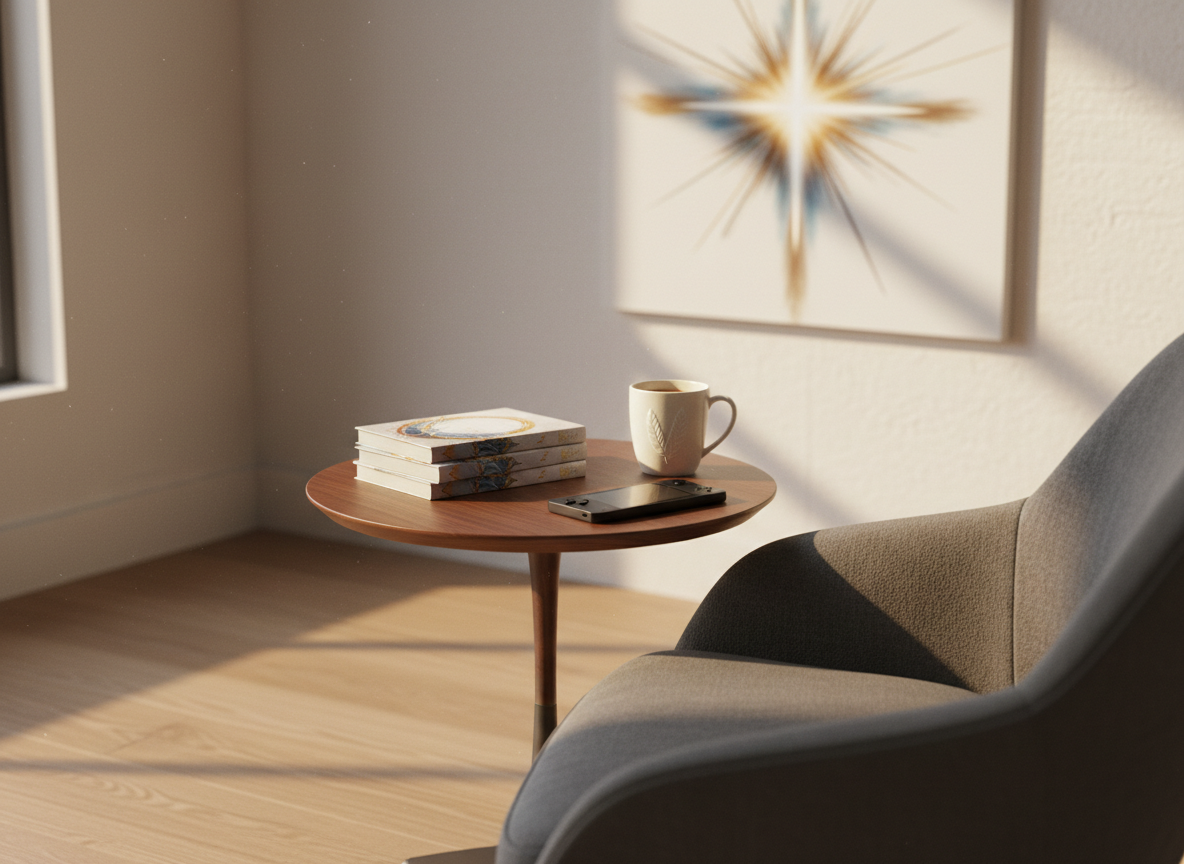 A cozy yet sophisticated reading and gaming nook dedicated to Christian anime reflection, featuring a plush, charcoal-gray armchair implied by its curved silhouette and fabric texture just entering frame, facing a small round side table. On the table, a neatly stacked trio of manga-sized books with abstract, halo-like cover motifs sits beside a ceramic mug adorned with a subtle feather relief and a slim, matte-metal handheld gaming console. Golden hour sunlight pours through unseen windows, creating long, soft shadows across a light oak floor and illuminating a minimalist wall art piece displaying an abstract cross formed from intersecting light beams. Captured at a three-quarter cinematic angle with a gentle depth of field, the scene feels intimate, warm, and contemplative, conveying a premium, faith-centered anime lifestyle without showing any characters or text.