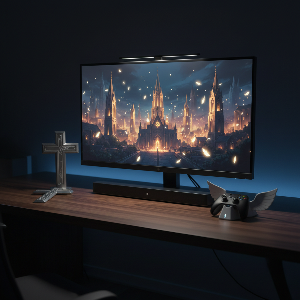 A night-time cinematic desktop scene featuring a high-resolution monitor displaying a serene, anime-inspired fantasy cityscape with glowing chapel spires and hovering feather-like lights, all without identifiable characters. The monitor rests on a clean, walnut desk accompanied by a low-profile soundbar, a stylized metal cross accent, and a slim controller dock subtly shaped like wings. Deep blue ambient LED lighting outlines the back of the desk, while the only other light source is the monitor’s soft glow, casting cool highlights on the desk’s polished grain. Shot from a slightly off-center, eye-level perspective, the background fades into darkness, emphasizing the luminous screen and curated accessories. The atmosphere is quiet, focused, and slightly futuristic, ideal for late-night Christian anime gaming sessions with a sophisticated, cinematic, and photorealistic aesthetic.