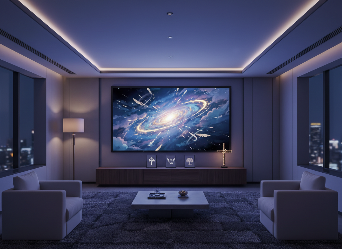 An ultra-modern living room styled as a premium Christian anime viewing lounge, centered around a large wall-mounted screen showing a soft, abstract anime-inspired galaxy with gentle halos and feather-like light trails instead of characters. A low, dark oak media console supports a few neatly stacked, text-free Blu-ray cases with minimalist anime iconography and a small, brushed-brass cross sculpture. Indirect LED lighting washes the walls in deep midnight blues and soft purples, while a single floor lamp casts warm, golden light across a plush gray rug. Shot from a slightly elevated, wide-angle cinematic perspective, the composition emphasizes clean lines, symmetry, and negative space. The mood is contemplative and luxurious, evoking a space where faith, storytelling, and relaxation harmoniously intersect, with polished, photographic realism.