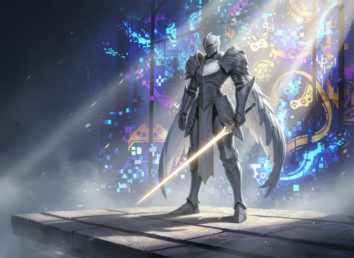 A dramatic, cinematic key art scene of a stylized, non-human, armor-clad guardian figure rendered as an ornate, empty suit of anime-inspired armor standing on a stone platform, bathed in soft shafts of light filtering through unseen cathedral windows. The armor is white and silver with faint gold filigree, wing-like pauldrons, and delicate feather engravings, holding a glowing, symbol-free sword pointed gently downward. In the background, floating game-controller silhouettes and abstract pixelated light shards merge with subtle stained-glass patterns, hinting at gaming and anime culture without text or characters. The lighting is high-contrast and atmospheric, with volumetric rays cutting through a smoky haze. Framed in a wide, slightly low-angle composition, the mood is epic yet reverent, embodying faith, courage, and digital adventure in a polished, cinematic illustration style suitable for a blog hero image.