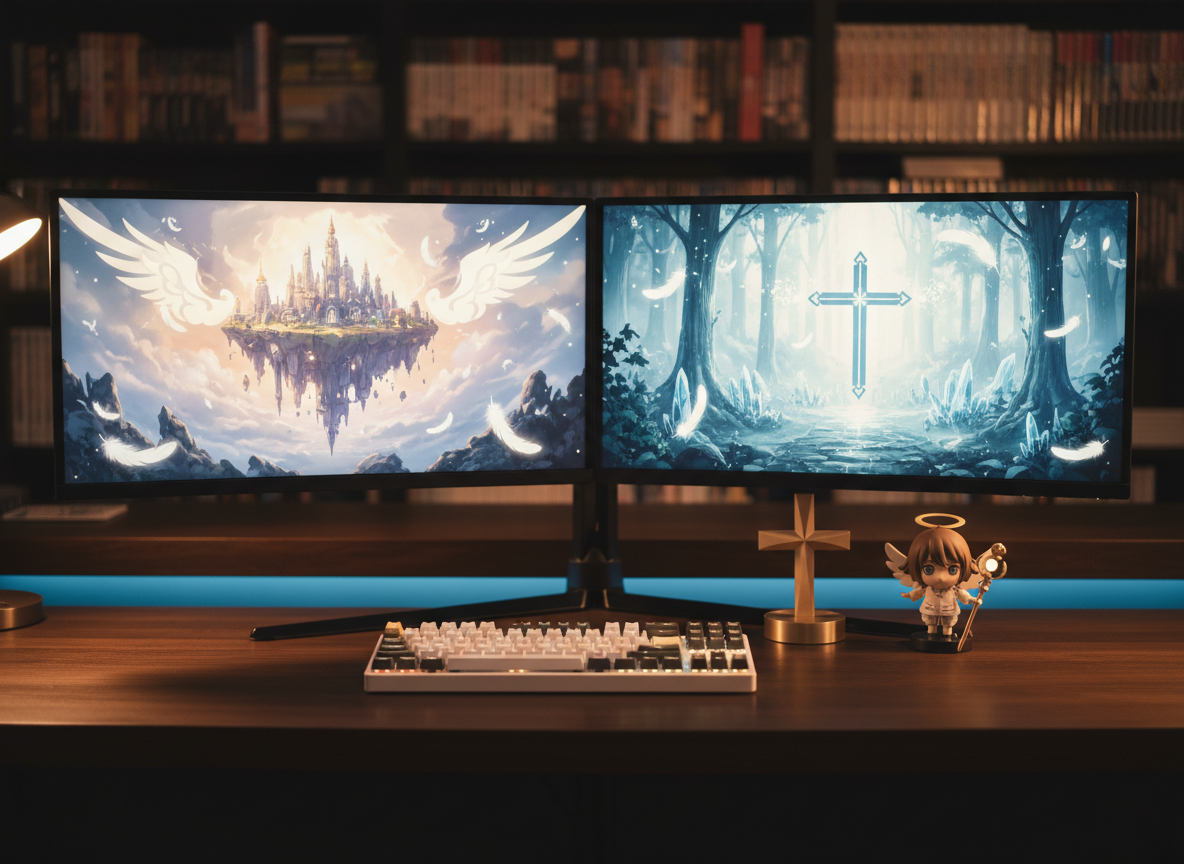 A sleek, high-end gaming desk arranged as a Christian anime command center, featuring a dual-monitor setup displaying softly glowing, text-free anime-style fantasy landscapes with subtle angelic motifs and luminous floating feathers. A meticulously detailed mechanical keyboard with white and gold keycaps rests on a dark wood surface beside a minimalist cross-shaped desk ornament and a small, stylized, non-human chibi figure. Cool cinematic rim lighting from an LED light strip outlines the desk, while warm ambient light from an unseen lamp balances the scene. Captured at eye level with a shallow depth of field, the background fades into soft bokeh shelves holding carefully arranged game cases and manga spines. The mood is sophisticated, focused, and reverent, blending premium gaming lifestyle with faith-centered aesthetics in a cinematic, hyper-realistic style.